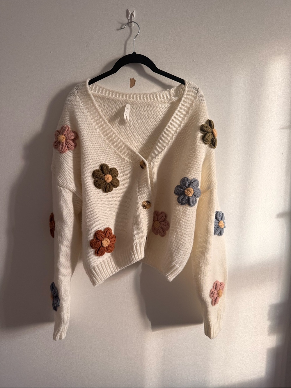 Cream Floral Appliqué V‑Neck Button Cardigan